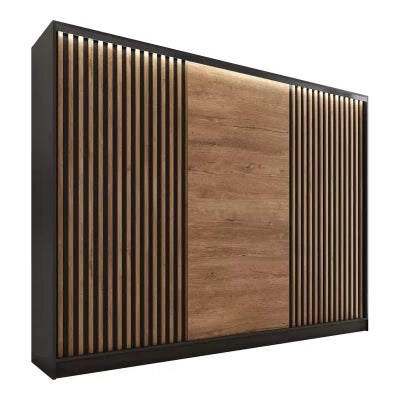 ANEYA Lamel- 3 Sliding Doors Wardrobe With Drawers Shelves 2 Rail Slats 3 Colours 250 cm