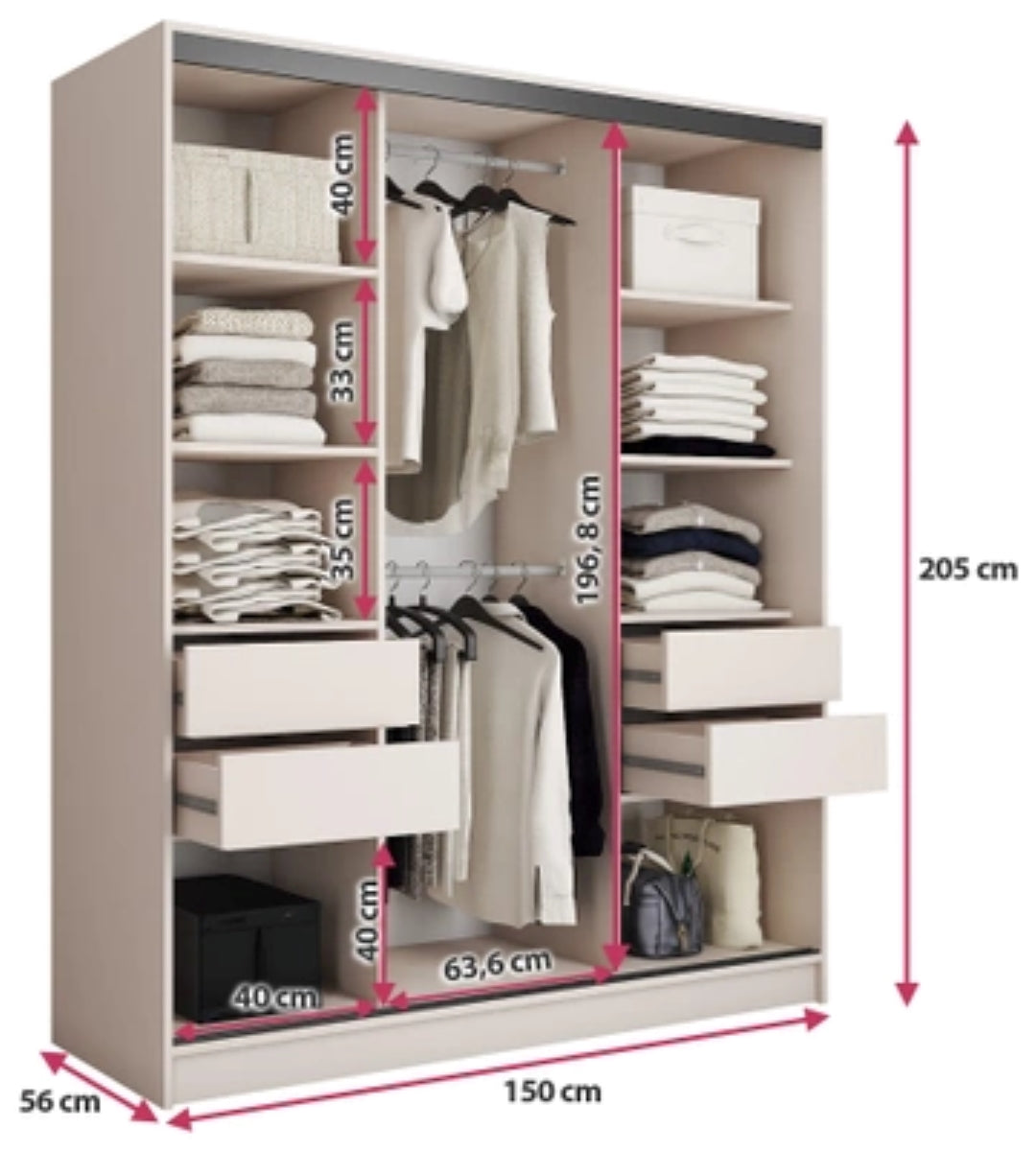 ANEYA Mirror - 3 Sliding Door Wardrobe With Drawers Shelves 2 Rail, Mirror, Three Colour width 150 cm