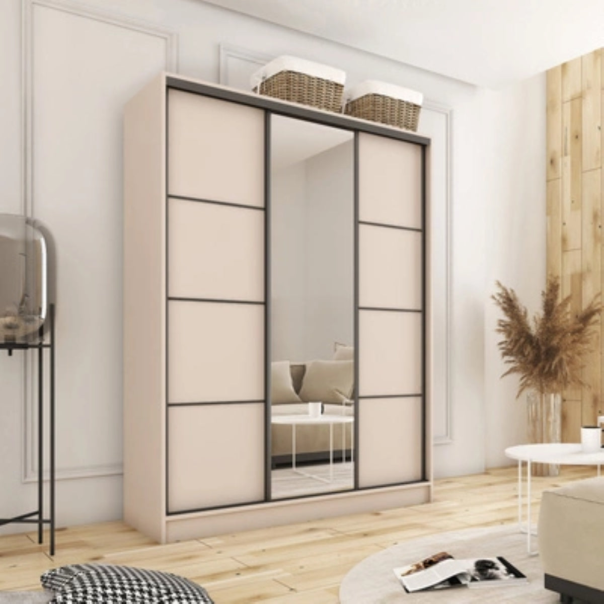 ANEYA Mirror - 3 Sliding Door Wardrobe With Drawers Shelves 2 Rail, Mirror, Three Colour width 150 cm