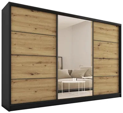 ANEYA Mirror - 3 Sliding Doors Wardrobe With Drawers Shelves 2 Rail Mirror Various Colour 280 cm