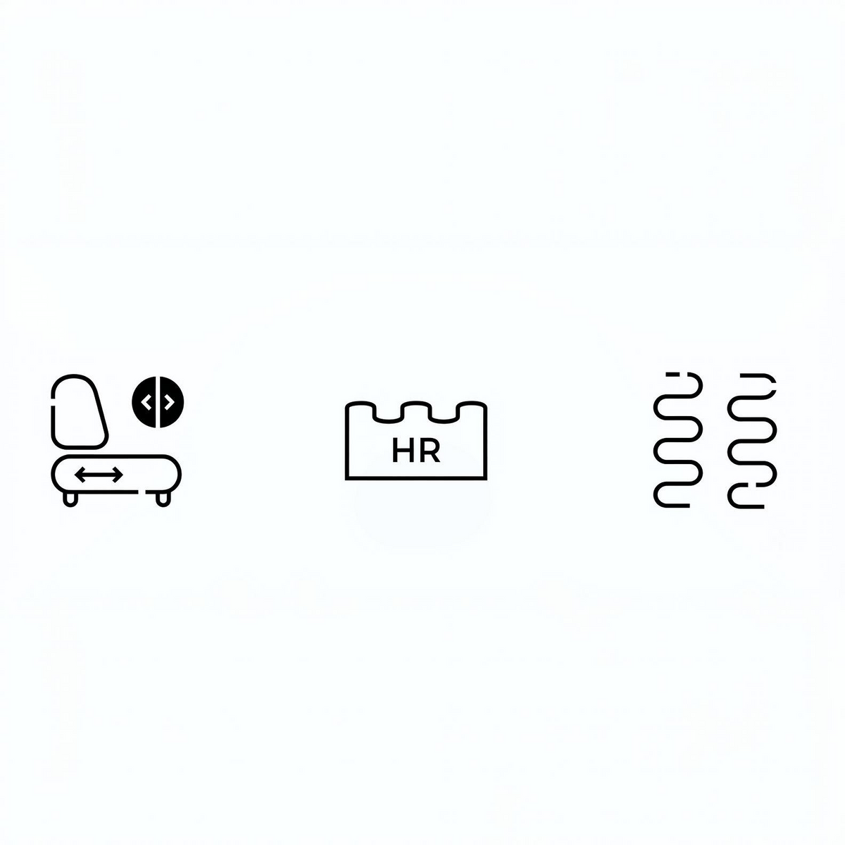 Three black line icons on a white background: a seat and control symbol on the left, a label reading HR in the center, and two wavy lines on the right.