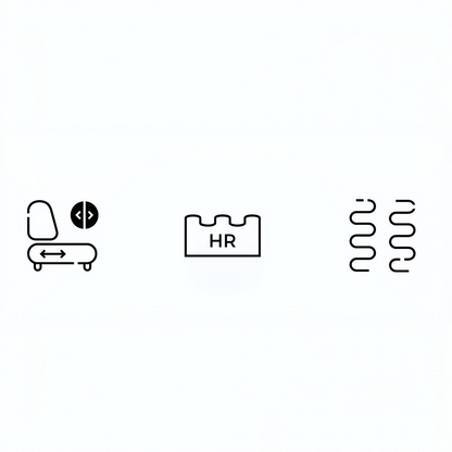 Three black line icons on a white background: a seat and control symbol on the left, a label reading HR in the center, and two wavy lines on the right.