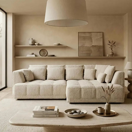 Beige sectional sofa in a modern living room with neutral decor.