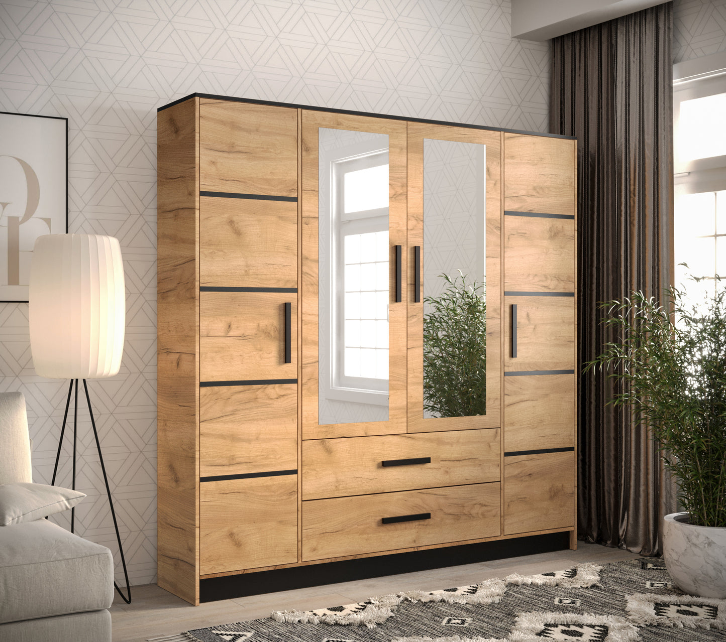 MONTY - Wardrobe with Drawers Shelves Rail Mirror Colour Craft oak gold + black  width 201 cm FAST DELIVERY