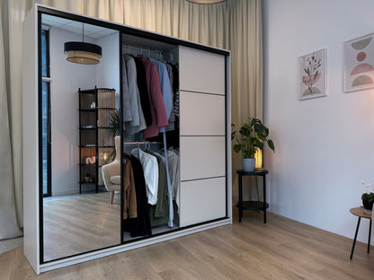 ANEYA Mirror - 3 Sliding Door Wardrobe With Drawers Shelves 2 Rail, Mirror, Three Colour width 150 cm