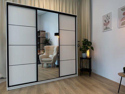 ANEYA Mirror - 3 Sliding Door Wardrobe With Drawers Shelves 2 Rail, Mirror, Three Colour width 150 cm