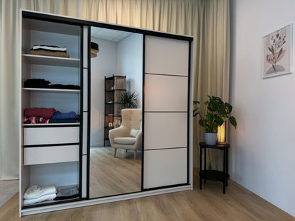 ANEYA Mirror - 3 Sliding Door Wardrobe With Drawers Shelves 2 Rail, Mirror, Three Colour width 150 cm