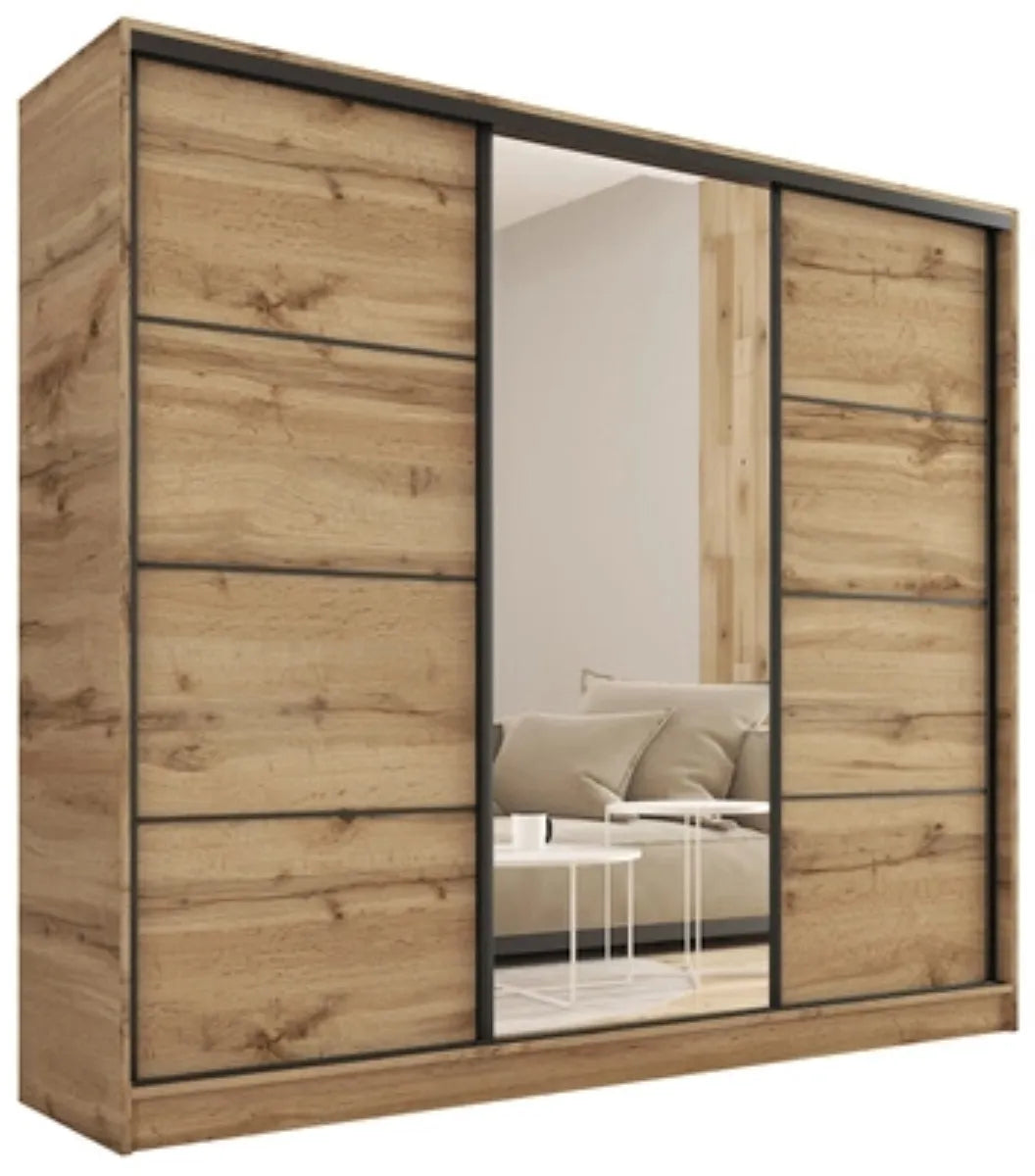 ANEYA Lamel Mirror- 3 Sliding Doors Wardrobe With Drawers Shelves 2 Rail Mirror 3 Colours 280 cm