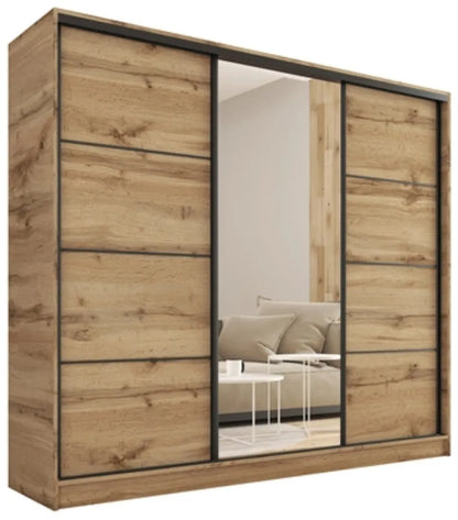 ANEYA Lamel Mirror- 3 Sliding Doors Wardrobe With Drawers Shelves 2 Rail Mirror 3 Colours 280 cm