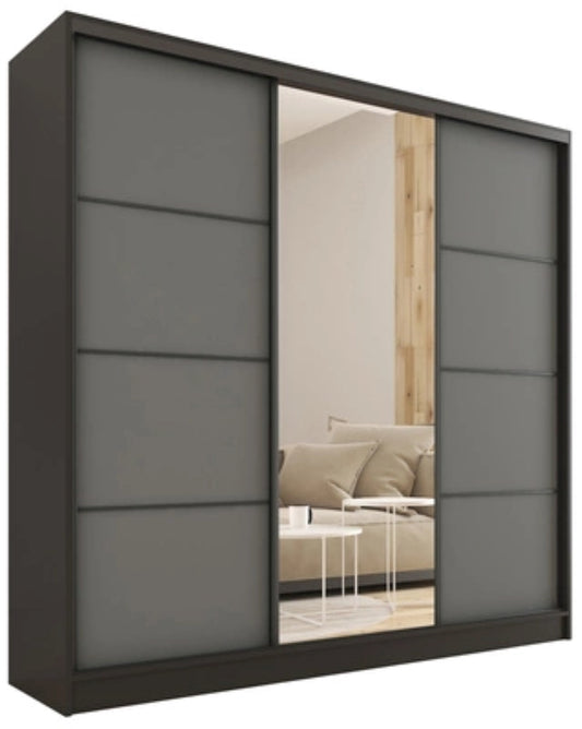 ANEYA Mirror - 3 Sliding Door Wardrobe With Drawers Shelves 2 Rail, Mirror, Black Body 3 Colour Front width 180 cm