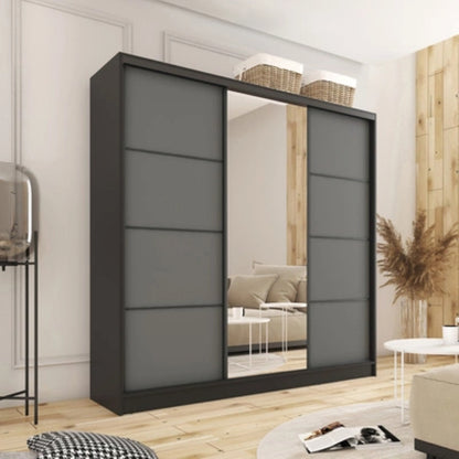 ANEYA Mirror - 3 Sliding Door Wardrobe With Drawers Shelves 2 Rail, Mirror, Black Body 3 Colour Front width 180 cm