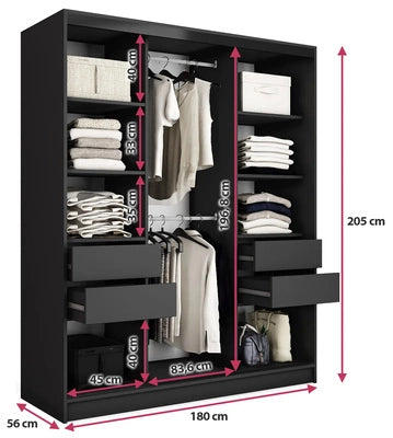 ANEYA Mirror - 3 Sliding Doors Wardrobe With Drawers Shelves 2 Rail Many Colours 180 cm