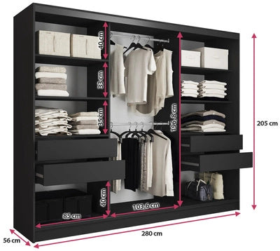 ANEYA Mirror - 3 Sliding Doors Wardrobe With Drawers Shelves 2 Rail Mirror Various Colour 280 cm