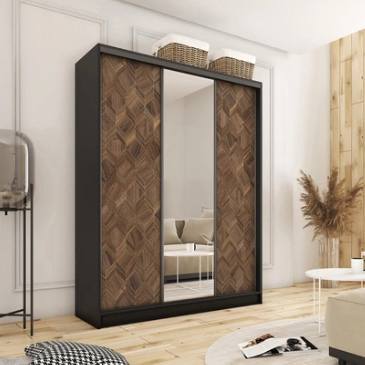 ANEYA Mirror - 3 Sliding Door Wardrobe With Drawers Shelves 2 Rail, Mirror, Black Body 3 Colour Front width 150 cm