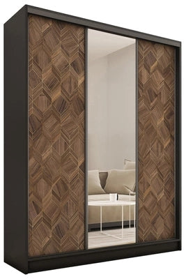 ANEYA Mirror - 3 Sliding Door Wardrobe With Drawers Shelves 2 Rail, Mirror, Black Body 3 Colour Front width 150 cm