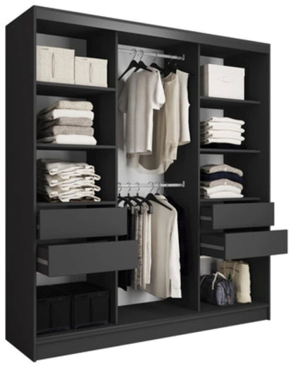 ANEYA Mirror - 3 Sliding Door Wardrobe With Drawers Shelves 2 Rail, Mirror, Black Body 3 Colour Front width 180 cm