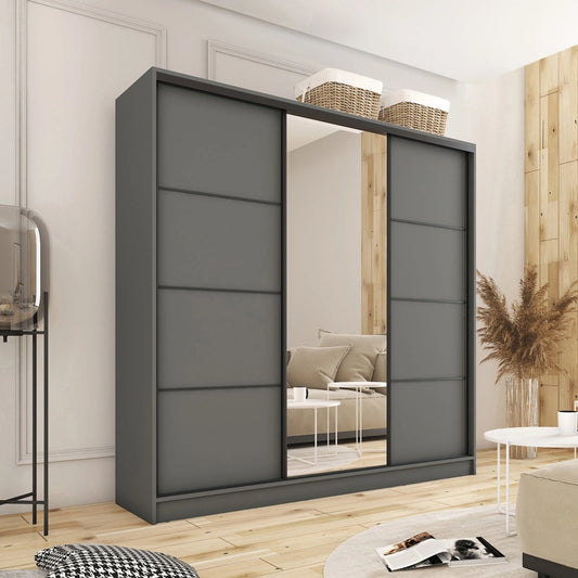 ANEYA Mirror - 3 Sliding Doors Wardrobe With Drawers Shelves 2 Rail Many Colours 180 cm