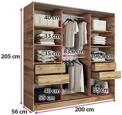 ANEYA Mirror - 3 Sliding Doors Wardrobe With Drawers Shelves 2 Rail Mirror Various Colour 200 cm