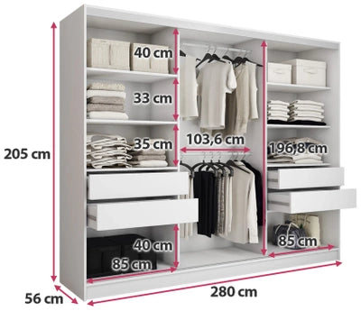 TOPO Gloss - 3 Sliding Doors Wardrobe With Drawers Shelves 2 Rail Mirror Colour White Gloss 280 cm