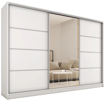 TOPO Gloss - 3 Sliding Doors Wardrobe With Drawers Shelves 2 Rail Mirror Colour White Gloss 250 cm