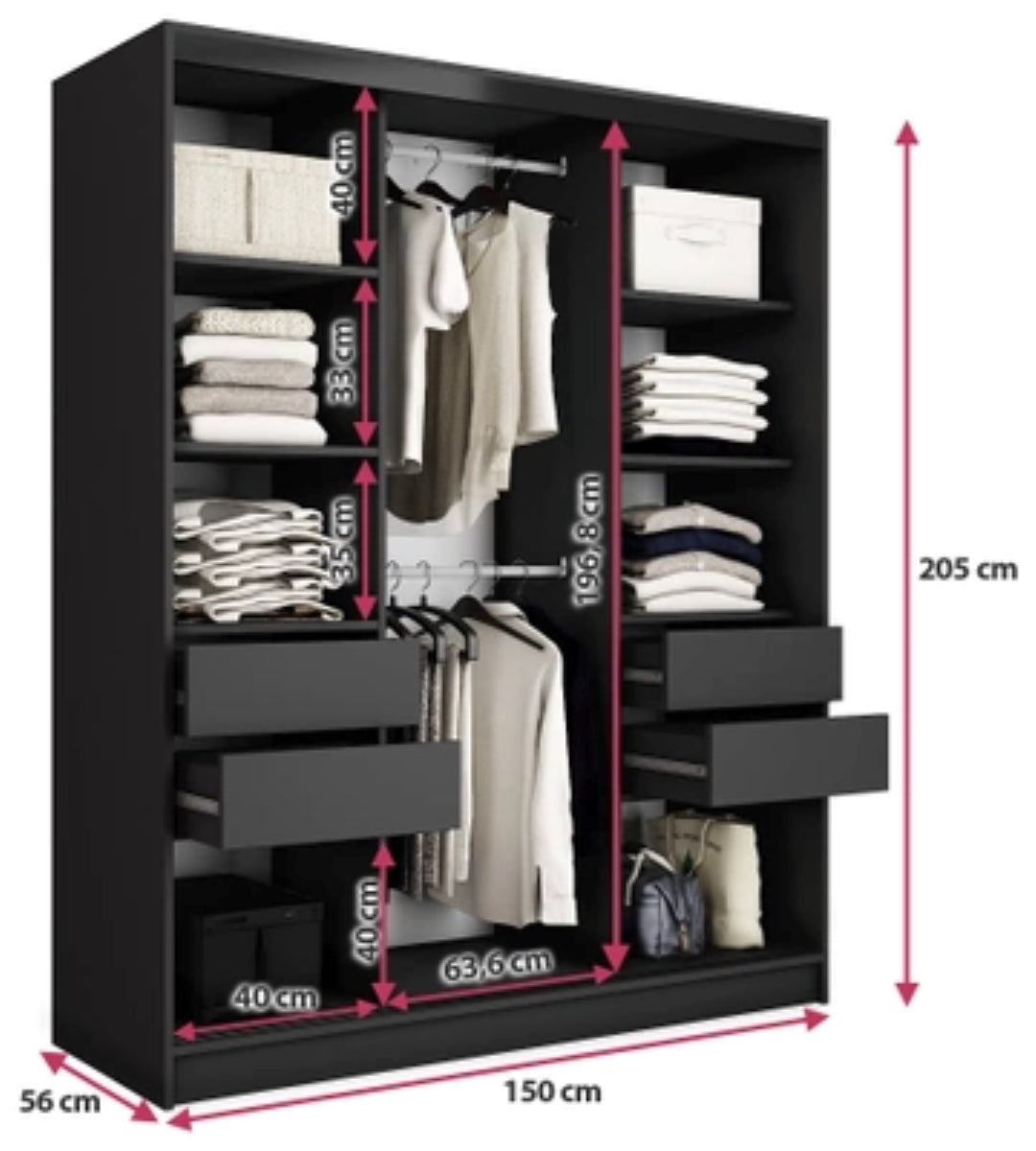 ANEYA Mirror - 3 Sliding Door Wardrobe With Drawers Shelves 2 Rail, Mirror, Black Body 3 Colour Front width 150 cm