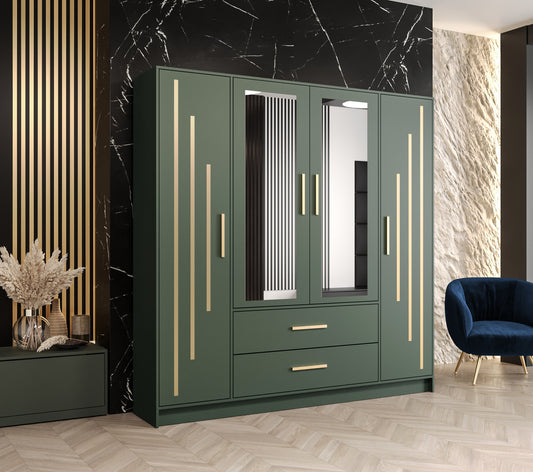 GARVIN 4 - Wardrobe with Drawers Shelves Rail Mirror Colour Green width 201 cm FAST DELIVERY